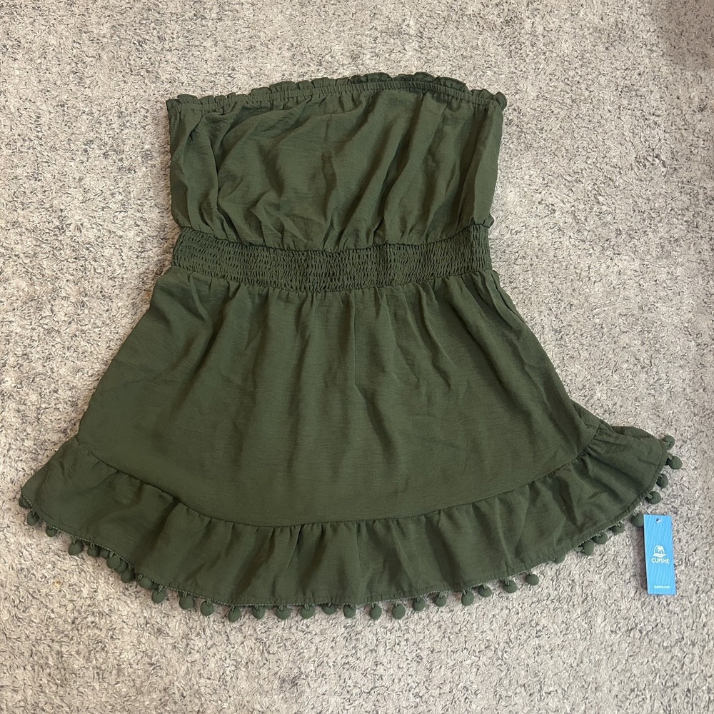 NWT CUPSHE women's olive green smocked waist pompom tube coverup